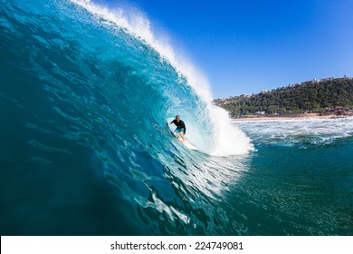 Surfing Inside Hollow Blue Wave Surfing Surfer Tube Rides Inside Large Hollow Blue Water Ocean Wave