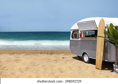 Surfing Slow Food, Caravan On The Beach, Template With Copy Space