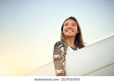 Surfing, smile and fitness with woman in nature for extreme sport, holiday and travel. Tropical, adventure and vacation with female surfer and board for summer hobby, freedom and mockup space - Powered by Shutterstock