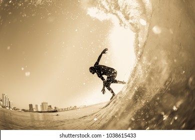 Surfing Surfer Silhouetted Water Action Photo Unidentified Closeup In Vintage Sepia