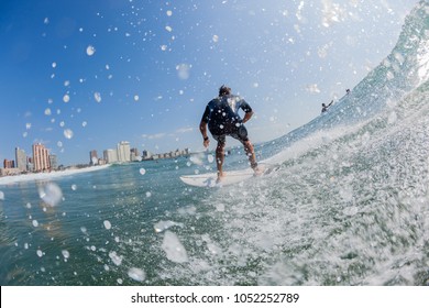 Surfing Surfer Unidentified Rear Water Action Photo Rides Ocean Wave Durban South-Africa