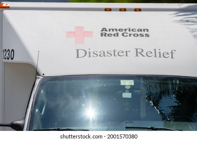 Surfside, FL, USA - July 2, 2021: American Red Cross Disaster Relief Truck On Site At The Champlain Towers Collapse Surfside FL