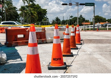 Surfside, Florida, USA - September 6, 2021: Surfside Building Place Of Collapse Closed After Searching All Ruins. One Lane Of Collins Ave Near The Site Of The Surfside Condo Collapse Reopened.