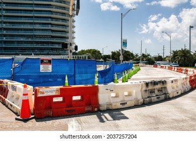 Surfside, Florida, USA - September 6, 2021: Surfside Building Place Of Collapse Closed After Searching All Ruins. One Lane Of Collins Ave Near The Site Of The Surfside Condo Collapse Reopened.