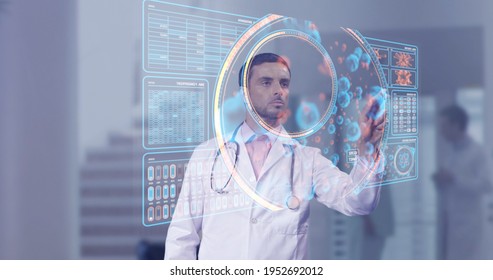 Surgeon Doctor Looking At Futuristic Medical Charts At A High Tech Hospital