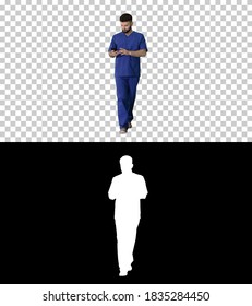 Surgeon Doctor Walking And Using His Phone, Alpha Channel With S