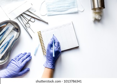 Surgeon, Surgery Table, Doctor`s Tools, Medical Instruments, Therapist Tonometer, Blood Pressure, Work In Hospital On White Wooden Background Flat Lay