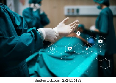 Surgeon wearing gloves in an operating room. Medical icons overlay. Surgeon with gloves preparing for surgery. Operating room with medical staff. Surgeon, operating room, medical icons. - Powered by Shutterstock