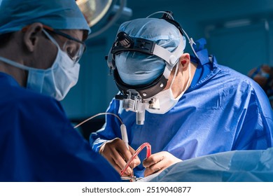 Surgeons in action in the OR. Two skilled surgeons focus intently on a delicate procedure, utilizing advanced tools and techniques within a sterile operating room. - Powered by Shutterstock