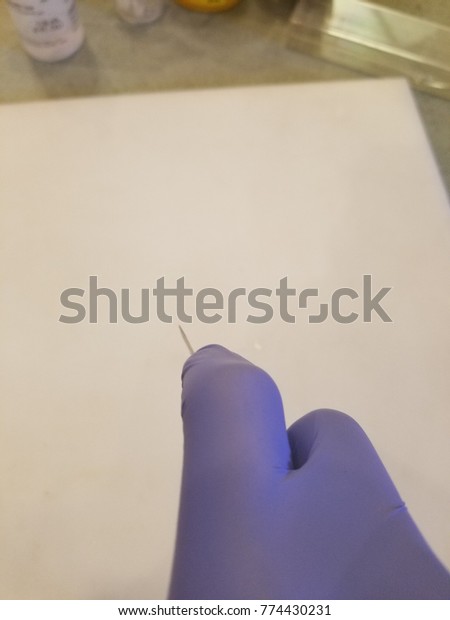 A surgeon\'s hand in nitrile glove practices\
index finger cut away. Healthcare instruments also used in\
biomedical research laboratories.  Operation preparation practiced\
for precision and technique.