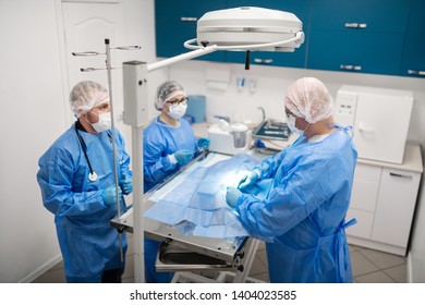 Surgeons Near Table. Top View Of Vet Surgeons Standing Near Metal Table And Operating Dog