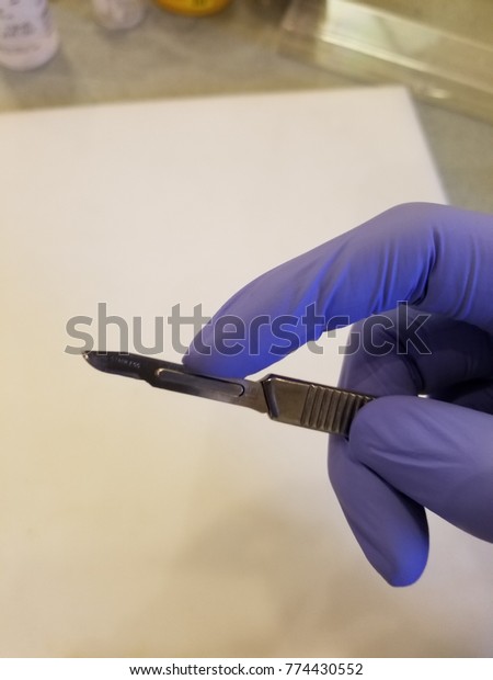 Surgeon\'s nitrile glove hand practices\
scalpel cut, side view. Healthcare instruments also used in\
biomedical research laboratories.  Operation preparation practiced\
for precision and\
technique..