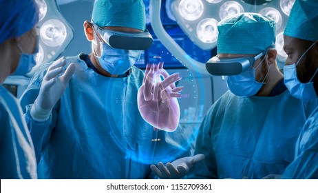 Surgeons Perform Heart Surgery Using Augmented Reality Technology. Difficult Heart Transplant Operation Using 3D Animation and Gestures. Interactive Animation Shows Vital Signs. Futuristic Hospital.