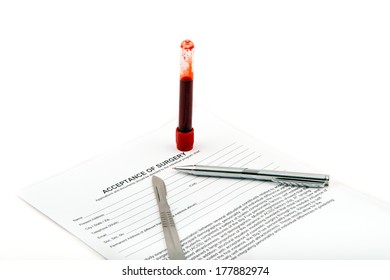 Surgery Acceptance Form Scalpel Pen Blood Tube Isolated On White Background