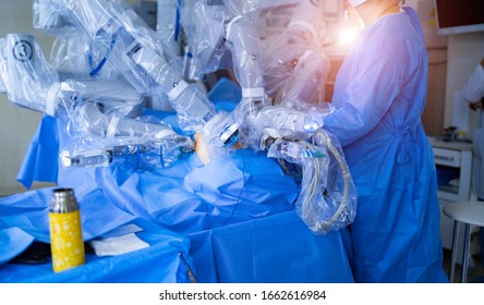 Surgery, Healthcare, Medicine And People Concept. Surgeon Operating In Operating Room At Hospital. Cropped Photo. Close Up.