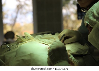 Surgery operating room. Otolaryngology, cochlear implantation method