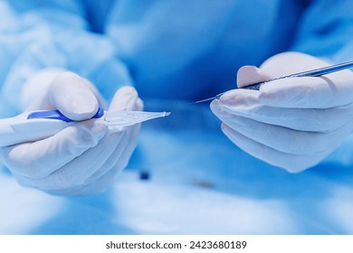 Surgery to replace lens of eye in elderly person, Doctor use equipment for ophthalmology operation deleted cataract or glaucoma, patient under sterile cover. Process lasik treatment.