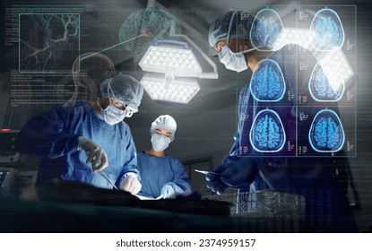 Surgery, team and overlay neurology working research operation or hospital theater, confident or patient trust. Male person, hands and professional tools for brain anatomy, skull or medical doctors