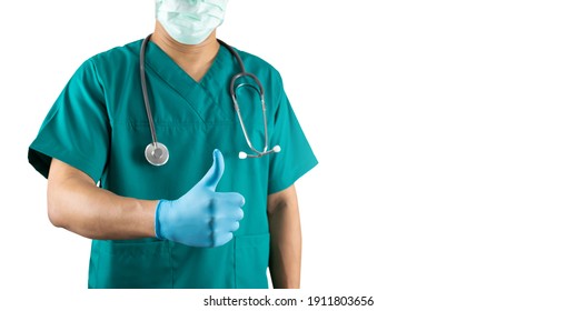 Surgical doctor with a thumbs up healthcare workers concept on a white background
