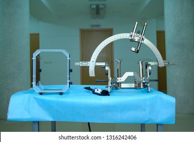 Surgical equipment for implantation of a neurostimulator placed on a table. It is used for deep brain stimulation for patients with torsion distonia. February 2, 2019. Kiev, Ukraine