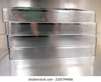 Surgical Instrument Preforated Mesh Trays For Washing  Sterilizing. Selective Focus