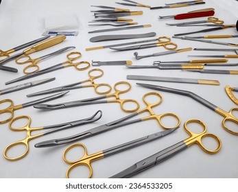 Surgical instruments tools set like forceps, scissors, tweezers, probes, suction tubes, retractors etc - Shutterstock ID 2364533205