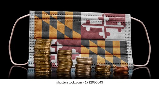 A Surgical Mask With The Flag Of Maryland Behind Some Descending Stacks Of Various Coins.(series)