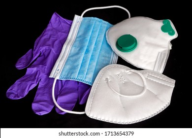 Surgical mask, medical masks FFP2 / FFP3 / N95 / KN95 and gloves for protection against diseases, virus, flu, coronavirus COVID-19. Personal protective equipment PPE. Different types of face mask. 