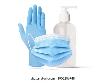 Surgical protective disposable latex gloves, medical face mask, alcohol sanitizer gel bottle isolated on white. A set for personal protection equipment. Coronavirus, nCoV, covid 19 prevention items.
