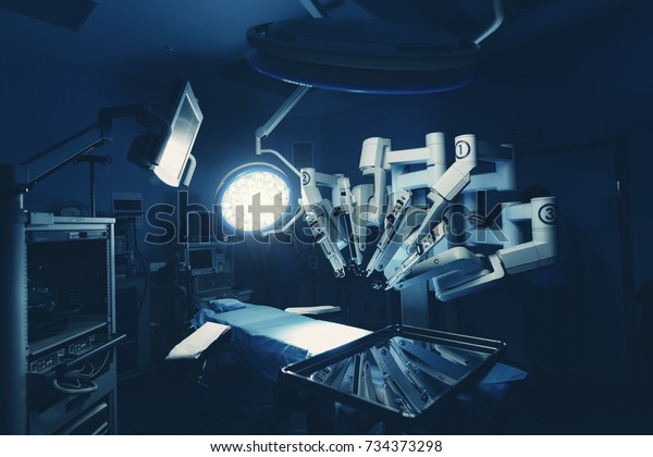Surgical room in hospital with robotic\
technology equipment, machine arm surgeon in futuristic operation\
room. Minimal invasive surgical inoovation, medical robot surgery\
with 3D view endoscopy