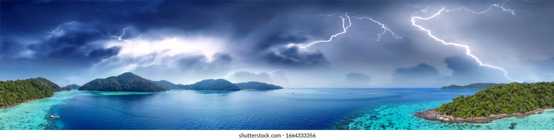 Surin Islands, Thailand. Panoramic Aerial View Of Lagoon And Forest With Storm Approaching.