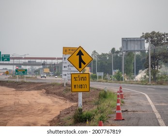 Surin, Thailand-2021 July : Traffic signs display arrow symbols to alert drivers on the road. Safety concept of car user or driver