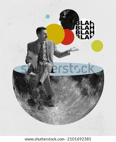 Surplus of info. Contemporary art collage, modern design. Abstract earth globe and man as symbol of people on the planet. Idea. imagination, creativity. Happy Earth Day. Theme of saving planet, eco