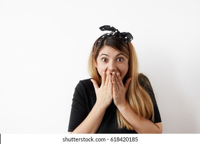 Surprise Astonished Woman. Closeup Portrait Woman Looking Surprised In Full Disbelief Wide Open Mouth Isolated White Wall Background. Positive Human Emotion Facial Expression Body Language. Funny Girl