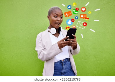 Surprise, black woman and reading phone emojis, social media icons and wow facial expression for networking notification. App opinion, cellphone communication or shocked user on green background wall - Powered by Shutterstock