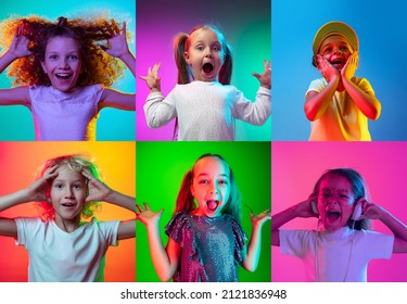 Surprise. Children's emotions. Set of portraits of little cute kids, boys and girls isolated on multicolored background in neon light. Education, wow emotions, facial expression and childhood concept.