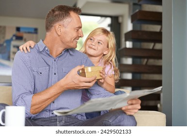 Surprise, father and child with present in home for birthday or giving a box for special event. Family, gift and offer dad a gold package to show gratitude, care or kid with kindness in living room - Powered by Shutterstock