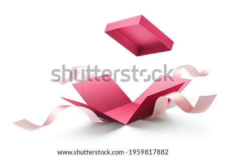 Surprise gift box, red color open gift box with ribbon isolated on white