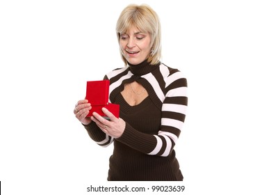 Surprise Middle Age Woman Opening Present Box