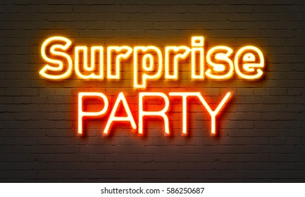 Surprise Party Neon Sign On Brick Wall Background