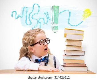 Surprise pupil looking at books against white background with vignette - Shutterstock ID 314426612
