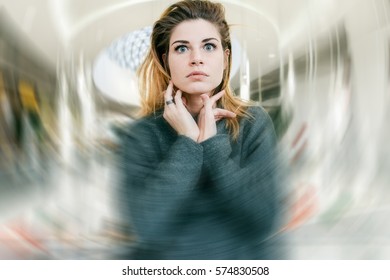 Surprised Astonished Woman Looking To Camera With Scared Face