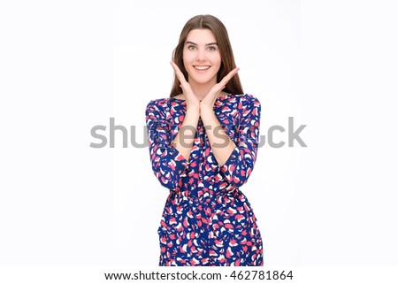 Surprised beautiful woman smiling. Isolated closeup portrait on white background