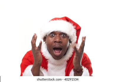 Surprised Black Santa Claus Over White Background