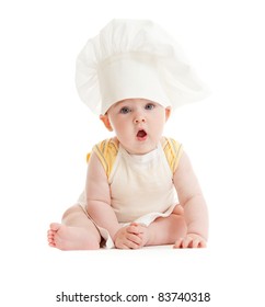 Surprised boy with cook hat isolated