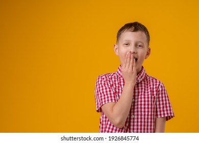 Surprised Boy, Covering His Mouth With His Hand, Stands On A Yellow Background. Child Does Not Want To Talk, He Learned A Secret. The Problem With The Speech. Delayed Speech Development. Profanity.