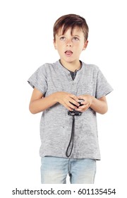Surprised boy looking up with camera