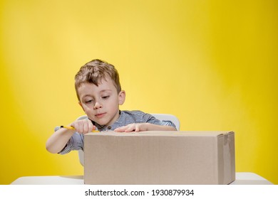 Surprised boy looking opening a box and gasping in surprise seeing the content of the box while recording an unboxing vlog.