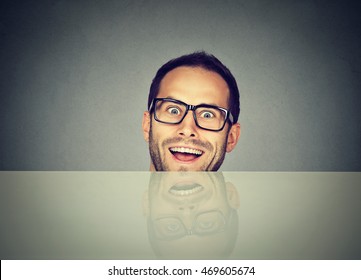 Surprised Business Man Hiding Under The Table Blank Billboard