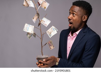 Surprised Business Man Holding A Plant With Money As Leaves